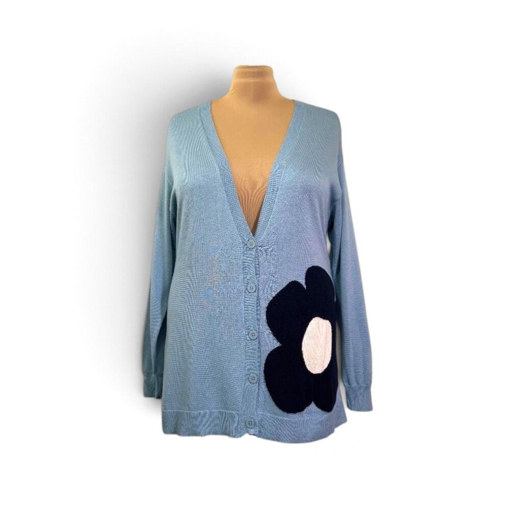 Laurie Felt Cashmere Blend Blue Daisy Cardigan, NWT! Size XL